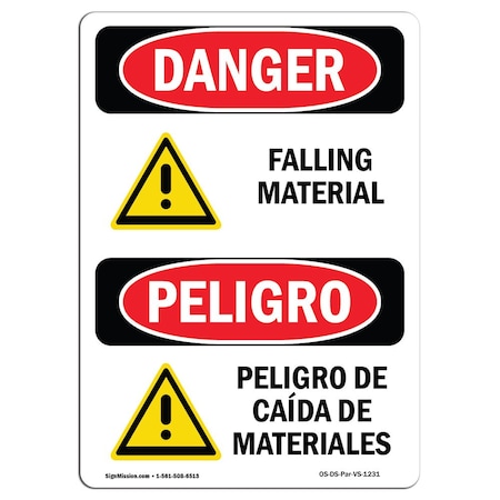 Signmission OSHA Danger Sign, Falling Material Bilingual, 18in X 12in Decal, 12" W, 18" H, Bilingual Spanish OS-DS-D-1218-VS-1231